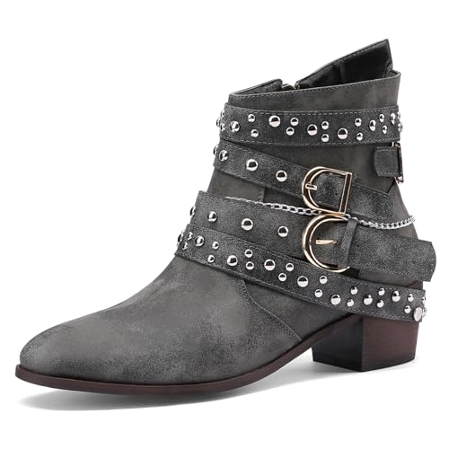 Klarmar Mode Stiefeletten Damen Blockabsatz Ankle Stiefeletten Leisure Pointed Toe Schnalle Reißverschluss Draußen Grau Gr 39 EU/40 von Klarmar