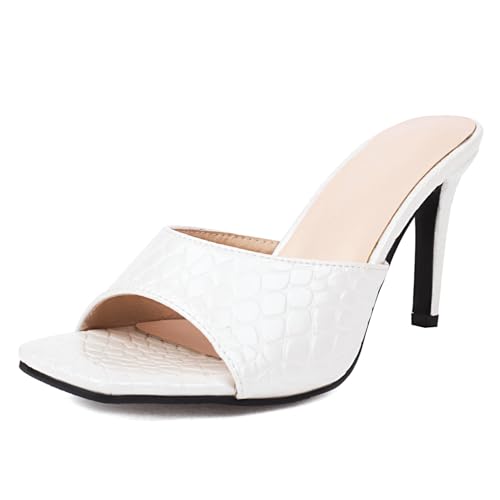 Klarmar Mule Stilettos Damen Weit Fit Höhe Ferse Pantoffeln Ohne Verschluss Square Toe Hausschuhe Pantoffeln Sandals Elegant Weiß Gr 38 EU/39 von Klarmar