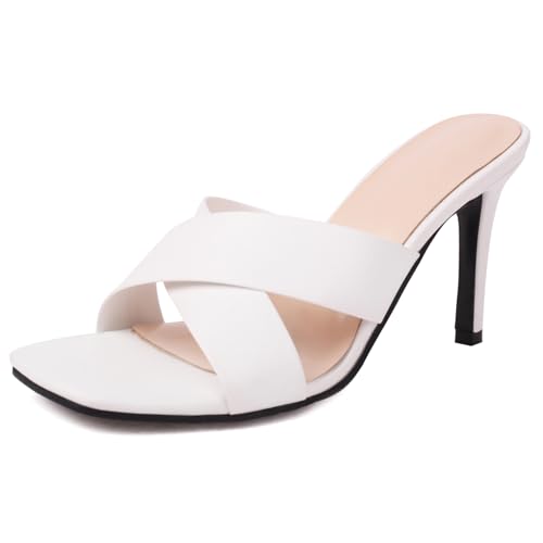 Klarmar Mule Stilettos Damen Weit Fit Höhe Ferse Pantoffeln Ohne Verschluss Square Toe Hausschuhe Pantoffeln Sandals Elegant Weiß Gr 40.5 EU/42 von Klarmar