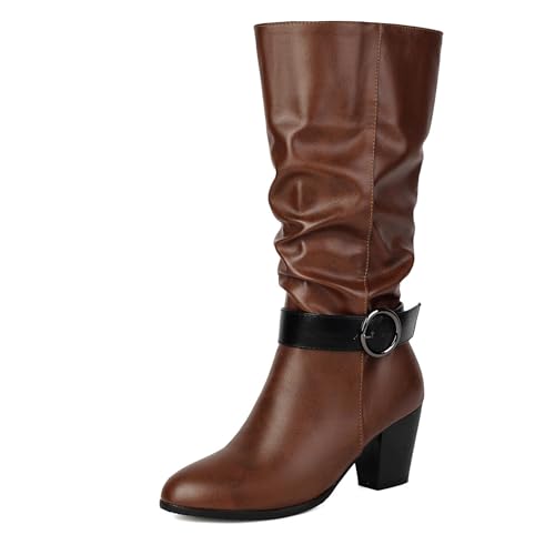 Klarmar Ohne Verschluss Hohe Stiefel Damen Blockabsatz Lockere Stiefel Loose Runde Zehen Weit Calf Schnalle Mode Anzugstiefel Braun Gr 36.5 EU/37 von Klarmar