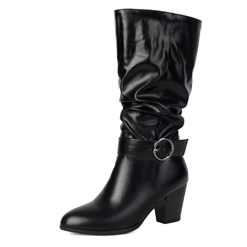 Klarmar Ohne Verschluss Hohe Stiefel Damen Blockabsatz Lockere Stiefel Loose Runde Zehen Weit Calf Schnalle Mode Anzugstiefel Schwarz Gr 36 EU von Klarmar