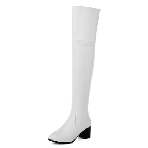 Klarmar Overknee Stiefel Damen Blockabsatz Warm Overknees Stiefel Warm Winter Reitstiefel Klassische Reißverschlusss Weiß Gr 46 EU/48 von Klarmar