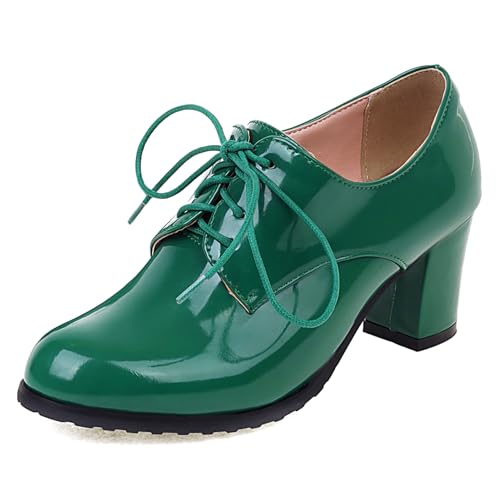 Klarmar Oxford High Schuhe Damen Schnüren Pump Lack Buro Block Schuhe Klassische Retro Grün Gr 37 EU/38 von Klarmar