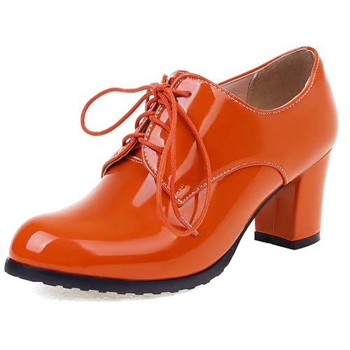Klarmar Oxford High Schuhe Damen Schnüren Pump Lack Buro Block Schuhe Klassische Retro Orange Gr 39 EU/40 von Klarmar