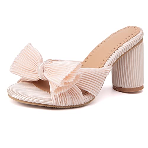 Klarmar Peep Toe Mules Damen Pleated Chunky Sandalen Sandals Elegant Hochzeit Pantoffeln Hohen Blockabsatz Bogen Party Hausschuhe Pantoffeln Beige Gr 39 EU/40 CN/25CM von Klarmar