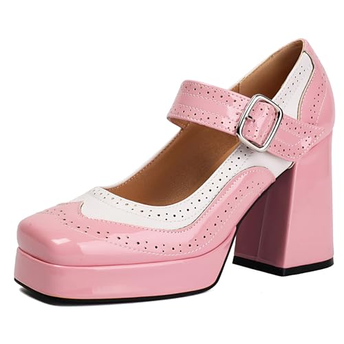 Klarmar Plateau Chunky High Schuhe Damen Schuhe Square Toe Elegant Prom Schuhe Brogue Pink Gr 35 EU von Klarmar