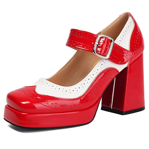 Klarmar Plateau Chunky High Schuhe Damen Schuhe Square Toe Elegant Prom Schuhe Brogue Rot Gr 38 EU/39 von Klarmar