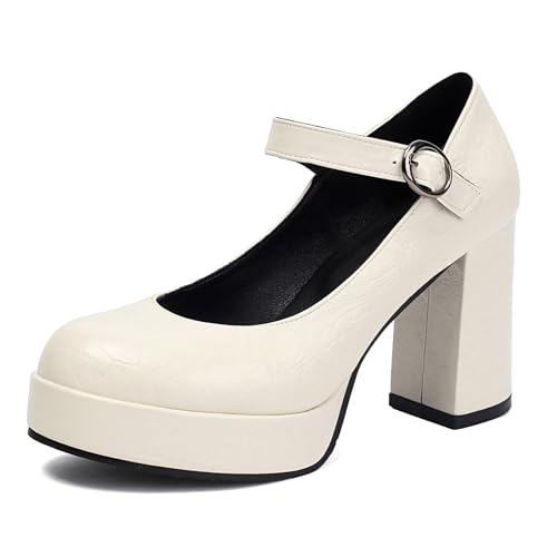Klarmar Plateau High Schuhe Damen Runde Zehen Prom Schuhe Elegant Block High Schuhe Party Knöchelriemchen Weiß Gr 40.5 EU/42 von Klarmar