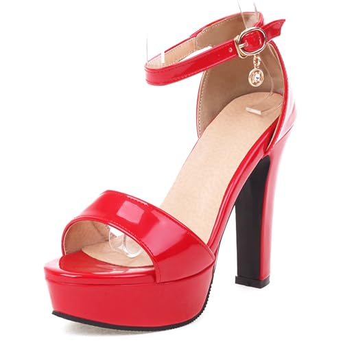 Klarmar Plateau Sandals Damen Peep Toe High Sandalen Knöchelriemchen Peep Toe Party-Sandales Abend Bride Sandalen Rot Gr 35 EU von Klarmar