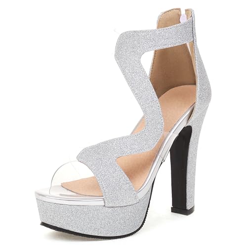 Klarmar Plateau Sandals Damen Peep Toe High Sandalen Knöchelriemchen Peep Toe Party-Sandales Abend Bride Sandalen Silber Gr 34 EU von Klarmar