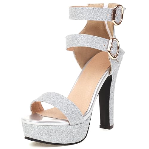 Klarmar Plateau Sandals Damen Peep Toe High Sandalen Knöchelriemchen Peep Toe Party-Sandales Abend Bride Sandalen Silber Gr 41 EU/43 von Klarmar