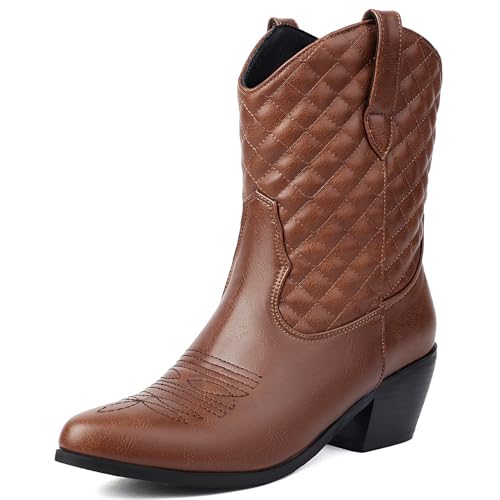 Klarmar Pointed Toe Cowboystiefel Damen Stiefeletten Leisure Chukka Stiefel Pointed Toe Westernstiefel Ohne Verschluss Weit Calf Braun Gr 40 EU/41 von Klarmar