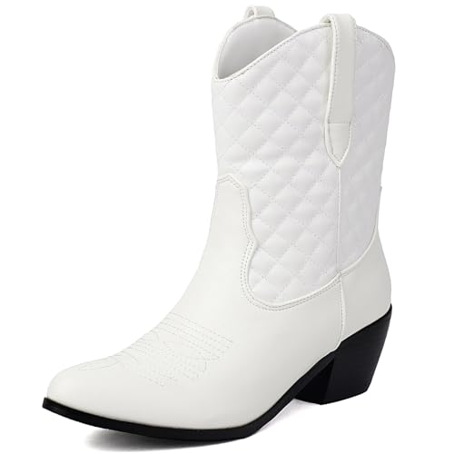 Klarmar Pointed Toe Cowboystiefel Damen Stiefeletten Leisure Chukka Stiefel Pointed Toe Westernstiefel Ohne Verschluss Weit Calf Weiß Gr 40 EU/41 von Klarmar