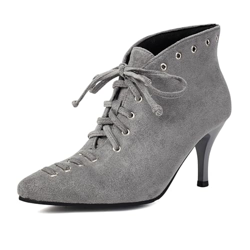 Klarmar Pointed Toe Höhe Ferse Stiefel Damen Wildleder Schnüren Stiletto Elegant Party Stiefeletten Grau Gr 35 EU von Klarmar