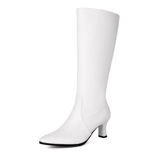 Klarmar Pointed Toe Kitten Stiefel Damen Halbschaft Stiefel Pelzgefüttert Mitte Absatz Mode Anzugstiefel Basic Buro Overknees Stiefel Weiß Gr 40.5 EU/42 von Klarmar