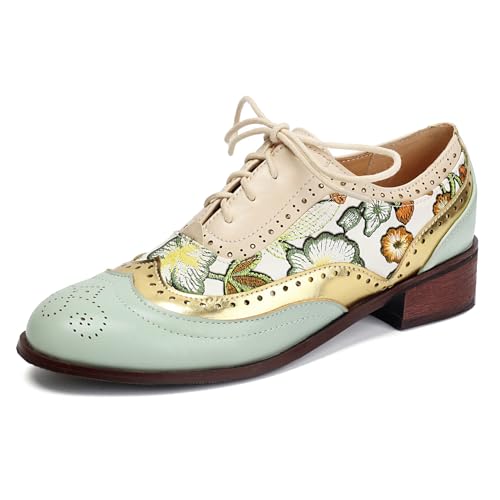 Klarmar Print Oxford Damen Schnüren Pump Arbeit Flach Schuhe Embroidery Brogue Pumps Party Retro Grün Gr 34 EU von Klarmar