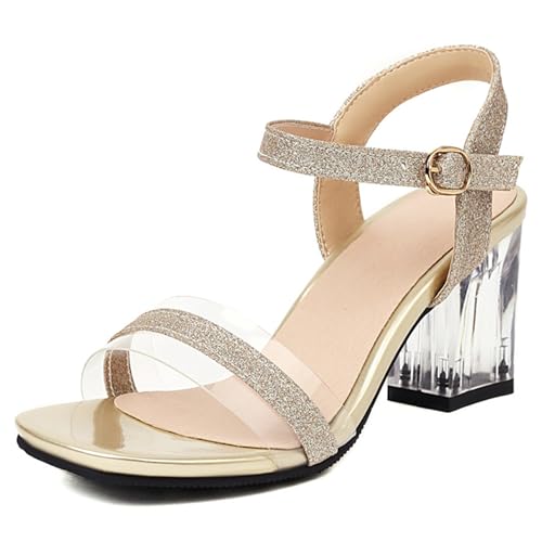 Klarmar Prom Sandals Damen Blockabsatz Offene Zeh Party-Sandales Party Prom Sandals Transparent Gold Gr 37 EU/38 von Klarmar