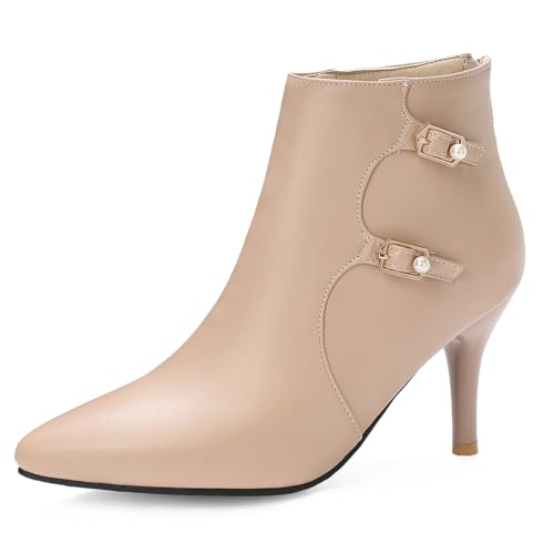 Klarmar Prom Stiletto Stiefel Damen Ankle Stiefeletten Pointed Toe Klassische Hochzeit Prom Stiefel Höhe Ferse Beige Gr 42 EU/44 von Klarmar
