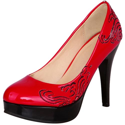 Klarmar Retro Print Stilettos Damen Runde Zehen Plateau Schuhe Elegant Retro High Schuhe Party Abend Rot Gr 33 EU von Klarmar