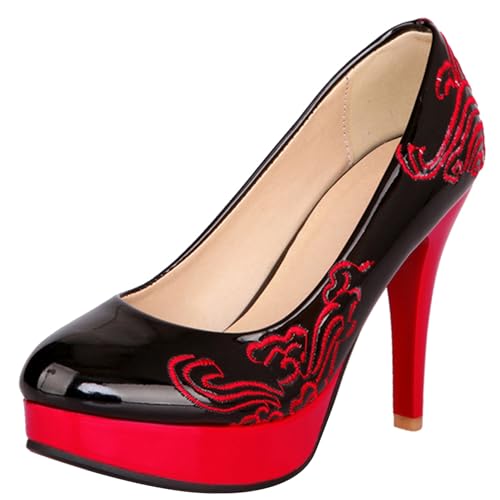 Klarmar Retro Print Stilettos Damen Runde Zehen Plateau Schuhe Elegant Retro High Schuhe Party Abend Schwarz Gr 49 EU/51 von Klarmar