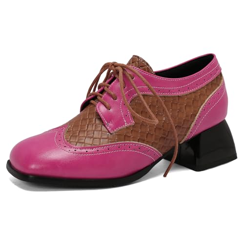 Klarmar Retro Schnüren Pump Damen Runde Zehen Chunky Schuhe Runde Zehen Retro Prom Pumps Rose-Rot Gr 45 EU/47 von Klarmar