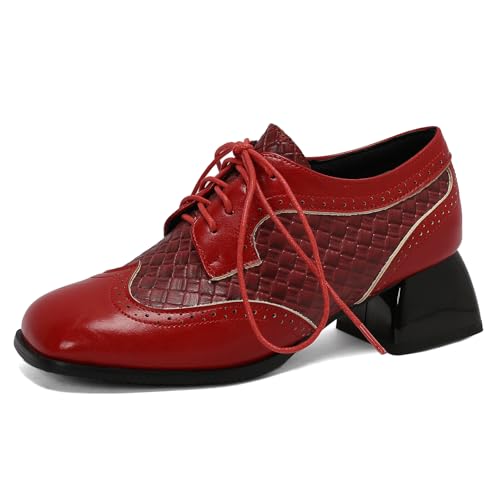 Klarmar Retro Schnüren Pump Damen Runde Zehen Chunky Schuhe Runde Zehen Retro Prom Pumps Rot Gr 40 EU/41 von Klarmar