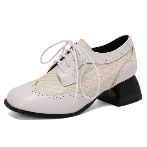 Klarmar Retro Schnüren Pump Damen Runde Zehen Chunky Schuhe Runde Zehen Retro Prom Pumps Weiß Gr 40.5 EU/42 von Klarmar