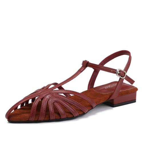 Klarmar Römersandalens Damen Flach Schuhe Sommer Mode Pointed Toe Geschlossen Mode Party-Sandales Low Block Sandalen T-Bar Rotwein Gr 35 EU Klarmar Römersandalens Damen Flach Schuhe Sommer Mode Pointed Toe Geschlossen Mode Party-Sandales Low Block Sandalen T-Bar Rotwein Gr 35 EU von Klarmar