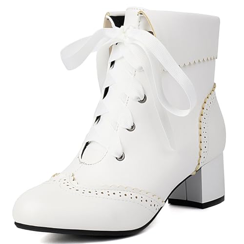 Klarmar Runde Zehen Blockabsatz Stiefeletten Damen Stiefeletten Schnüren Klassische Buro Arbeit Stiefeletten Retro Kurzschaft Stiefel Leisure Weiß Gr 40 EU/41 von Klarmar