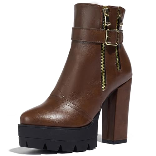 Klarmar Runde Zehen Hohen Blockabsatz Stiefeletten Damen Plateau Draußen Ankle Stiefeletten Mode Elegant Prom Stiefeletten Braun Gr 39 EU/40 von Klarmar
