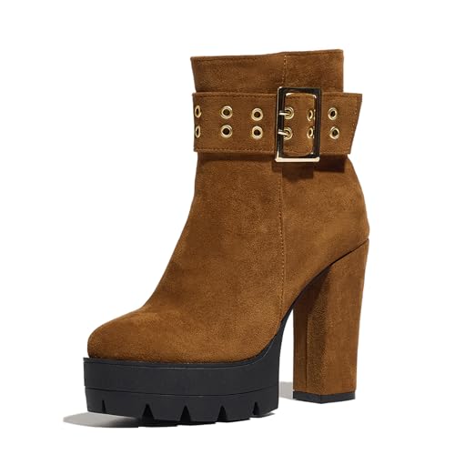 Klarmar Runde Zehen Hohen Blockabsatz Stiefeletten Damen Plateau Draußen Ankle Stiefeletten Mode Elegant Prom Stiefeletten Braun Gr 39 EU/40 von Klarmar