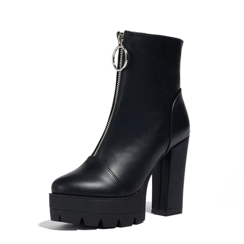 Klarmar Runde Zehen Hohen Blockabsatz Stiefeletten Damen Plateau Draußen Ankle Stiefeletten Mode Elegant Prom Stiefeletten Schwarz Gr 40.5 EU/42 von Klarmar