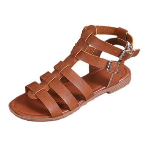 Klarmar Runde Zehen Leisure Römersandalens Flache Damensandalen Runde Zehen Comfy Strappy Sommerstrand Schuhe Braun Gr 40.5 EU/42 von Klarmar