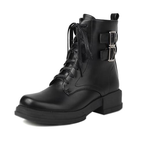 Klarmar Runde Zehen Motorradstiefel Damen Schnüren Plateau Klassische Kurzschaft Stiefel Riding Motorradstiefel Leisure Schwarz Gr 40.5 EU/42 von Klarmar
