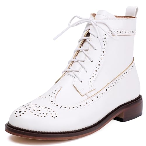 Klarmar Schnüren Ankle Stiefeletten Damen Retro Chukka Stiefel Blockabsatz Runde Zehen Stiefeletten Brogue Retro Weiß Gr 38 EU/39 von Klarmar