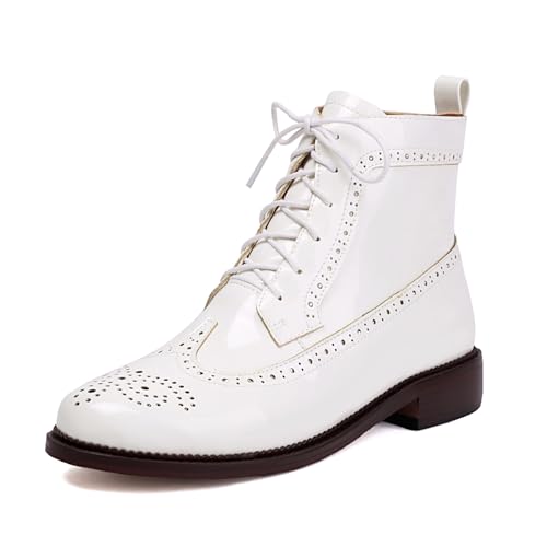 Klarmar Schnüren Ankle Stiefeletten Damen Retro Chukka Stiefel Blockabsatz Runde Zehen Stiefeletten Brogue Retro Weiß Gr 40.5 EU/42 von Klarmar