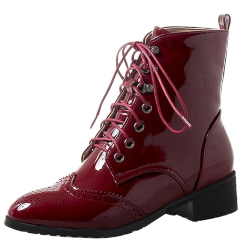 Klarmar Schnüren Combat Militarstiefel Damen Stiefeletten Leisure Stiefeletten Runde Zehen Blockabsatz Retro Chukka Stiefeletten Rotwein Gr 38 EU/39 von Klarmar