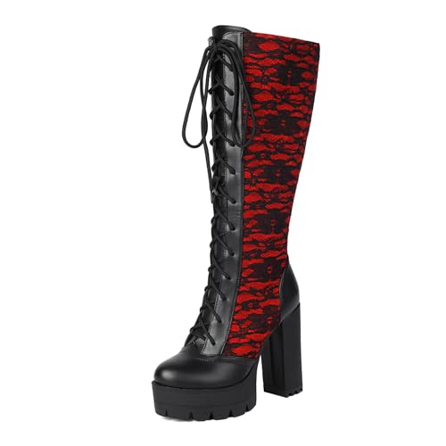 Klarmar Schnüren Kniehohe Stiefel Damen Plateau Stiefel Elegant Runde Zehen Overknees Rot Gr 40 EU/41 von Klarmar