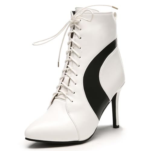 Klarmar Schnüren Stiletto Stiefeletten Damen Pointed Toe Eelgant Höhe Ferse Prom Stiefeletten Mode Weiß Gr 36 EU von Klarmar