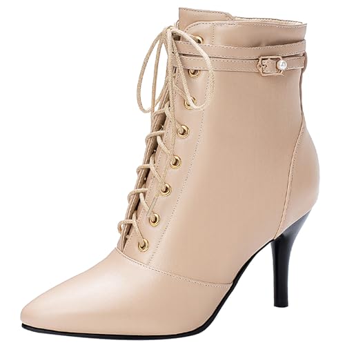 Klarmar Schnürstiefel Damen Stiefeletten Pointed Toe Stilettos Elegant Prom Stiefeletten Bride Beige Gr 42 EU/44 von Klarmar