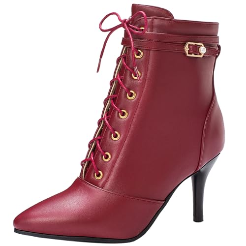 Klarmar Schnürstiefel Damen Stiefeletten Pointed Toe Stilettos Elegant Prom Stiefeletten Bride Rotwein Gr 40 EU/41 von Klarmar