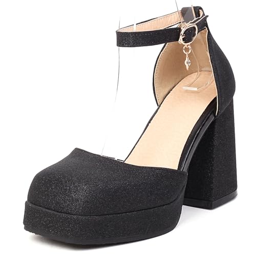 Klarmar Shiny Block High Sandalen Damen Geschlossen Sandals Glitzer Party Schuhe Abend Plateau Schwarz Gr 39 EU/40 von Klarmar