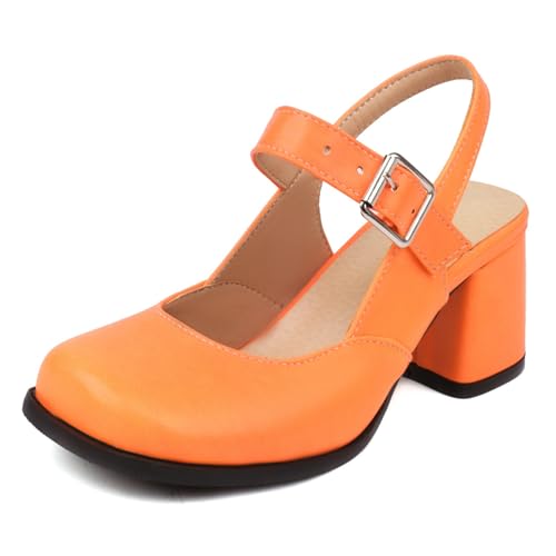 Klarmar Slingback-Sandales Square Toe Damen Block Sandalen Knöchelriemchen Geschlossen Party Schuhe Mary Jane Schnalle Orange Gr 40.5 EU/42 von Klarmar