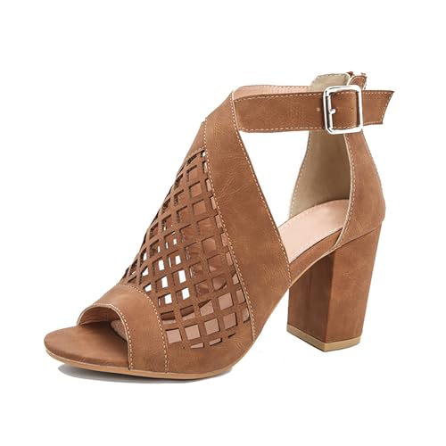 Klarmar Sommer Römersandalens Damen Offene Zeh Block Sandalen Buro Peep Toe Knöchelriemchen Wildleder Sommer Kleid Sandales Braun Gr 36 EU von Klarmar