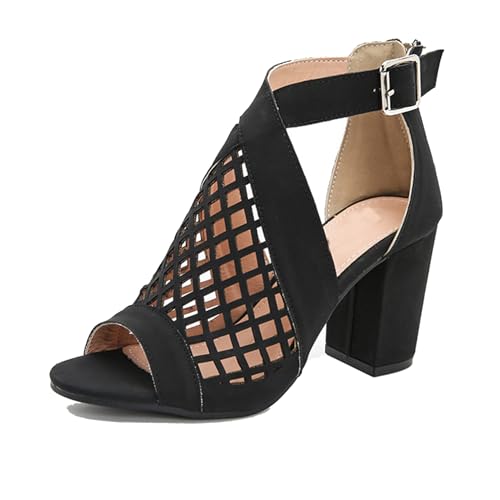 Klarmar Sommer Römersandalens Damen Offene Zeh Block Sandalen Buro Peep Toe Knöchelriemchen Wildleder Sommer Kleid Sandales Schwarz Gr 36.5 EU/37 von Klarmar