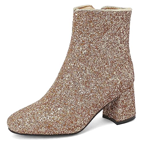 Klarmar Sparkly Stiefeletten Damen Mode Mitte Absatz Hochzeit Party Abendstiefel Glitzer Dancing Blockabsatz Gold Gr 42 EU/44 Asiatisch/27CM von Klarmar
