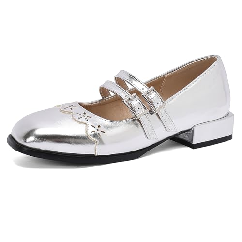 Klarmar Square Toe Mary Jane Damen Low Block Schuhe Party Bride Schuhe Klassische Pump Silber Gr 42 EU/44 von Klarmar