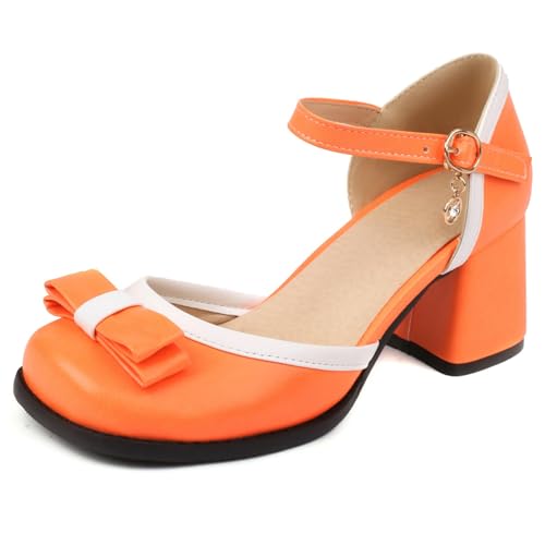 Klarmar Square Toe Pump Damen Knöchelriemchen Sandals Geschlossen Bride Party Schuhe Block Sandalen Orange Gr 38 EU/39 von Klarmar