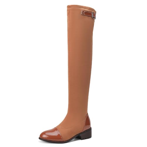 Klarmar Stretch Long Boot Damen Overknees Winterstiefel Runde Zehen Ohne Verschluss Reitstiefel Wildleder Braun Gr 35 EU von Klarmar