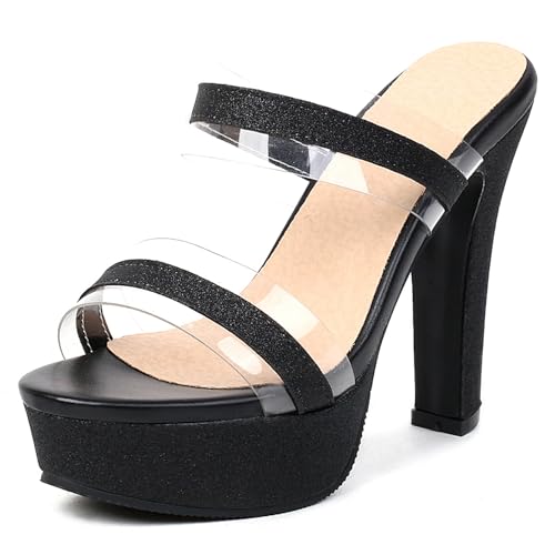 Klarmar Transparent Höhe Ferse Sandals Pantoletten Für Damen Plateau Elegant Abend Sandalen Prom Ohne Verschluss Sandals Schwarz Gr 38 EU/39 von Klarmar
